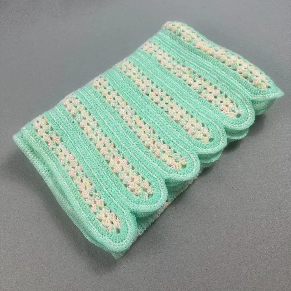VTG Handmade Crochet Baby Blanket 42x32 Mint Green Pink Pastel Afghan Scallop